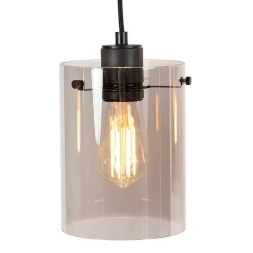 QAZQA Design hanglamp zwart met smoke glas 4-lichts - Dome