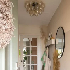 QAZQA Design plafondlamp zwart met amber glas 6-lichts - Uvas