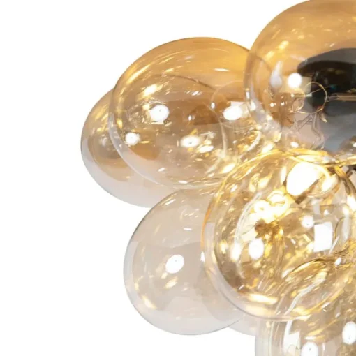 QAZQA Design plafondlamp zwart met amber glas 6-lichts - Uvas