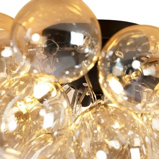 QAZQA Design plafondlamp zwart met amber glas 6-lichts - Uvas