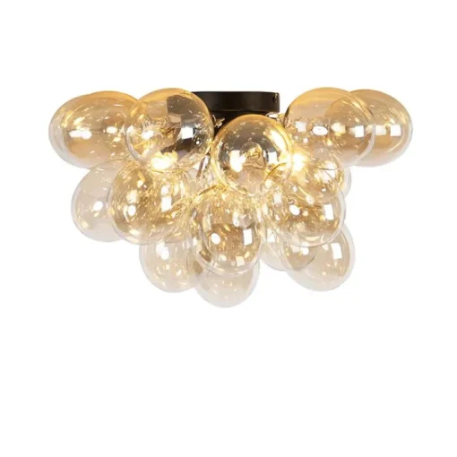 QAZQA Design plafondlamp zwart met amber glas 6-lichts - Uvas