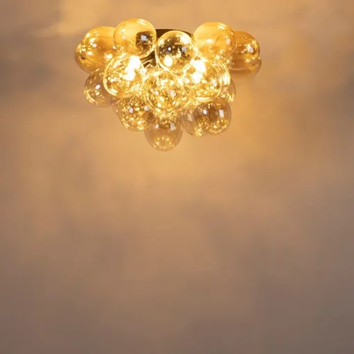 QAZQA Design plafondlamp zwart met amber glas 6-lichts - Uvas