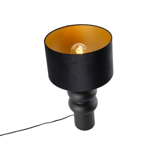 QAZQA Design tafellamp zwart 17 cm velours kap zwart met goud 35 cm - Alisia