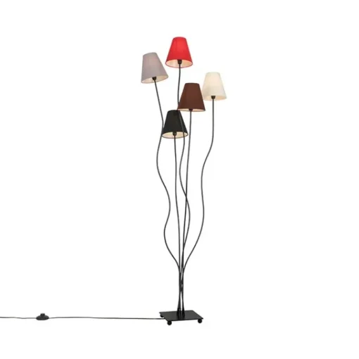 QAZQA Design vloerlamp zwart met stoffen kappen 5-lichts - Melis