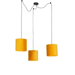 QAZQA Hanglamp met 3 velours kappen geel met goud - Cava