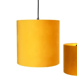 QAZQA Hanglamp met 3 velours kappen geel met goud - Cava