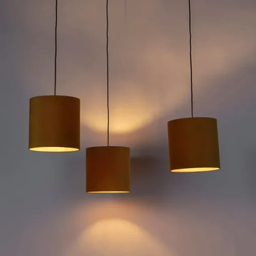 QAZQA Hanglamp met 3 velours kappen geel met goud - Cava