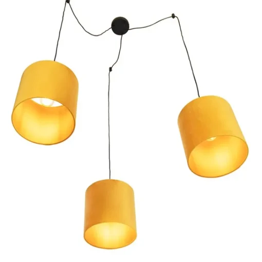 QAZQA Hanglamp met 3 velours kappen geel met goud - Cava