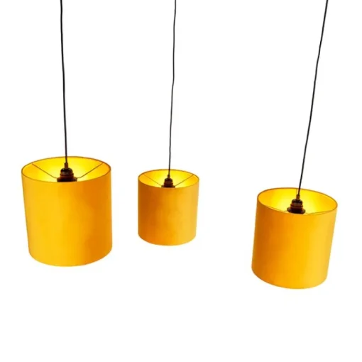 QAZQA Hanglamp met 3 velours kappen geel met goud - Cava