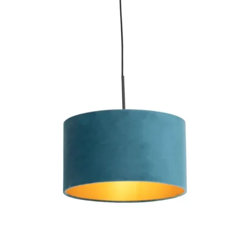 QAZQA Hanglamp met velours kap blauw met goud 35 cm - Combi