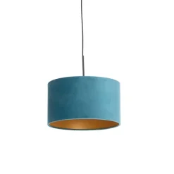 QAZQA Hanglamp met velours kap blauw met goud 35 cm - Combi