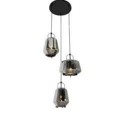 QAZQA Hanglamp zwart met smoke glas rond 3-lichts - Kevin