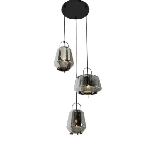 QAZQA Hanglamp zwart met smoke glas rond 3-lichts - Kevin