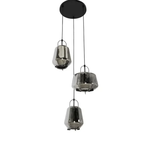 QAZQA Hanglamp zwart met smoke glas rond 3-lichts - Kevin