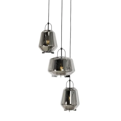 QAZQA Hanglamp zwart met smoke glas rond 3-lichts - Kevin