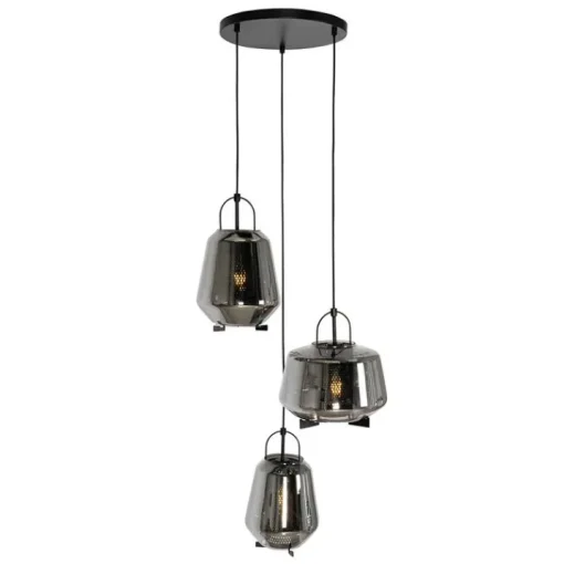 QAZQA Hanglamp zwart met smoke glas rond 3-lichts - Kevin