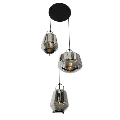 QAZQA Hanglamp zwart met smoke glas rond 3-lichts - Kevin