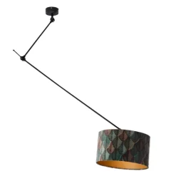 QAZQA Hanglamp zwart met velours lampenkap blad dessin met gouden binnenkant 40/40/40 - Blitz