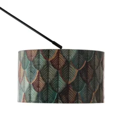 QAZQA Hanglamp zwart met velours lampenkap blad dessin met gouden binnenkant 40/40/40 - Blitz