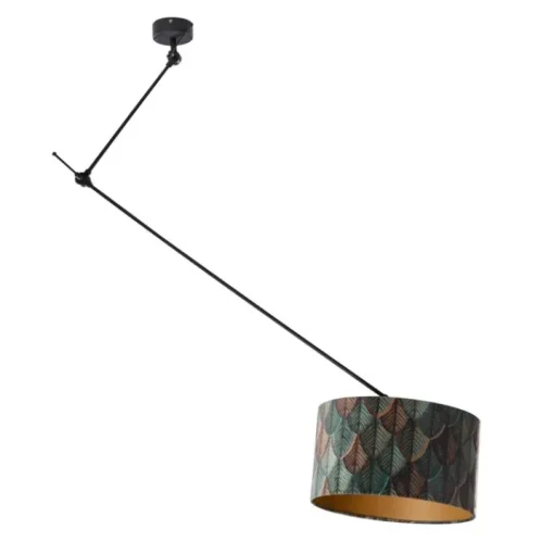 QAZQA Hanglamp zwart met velours lampenkap blad dessin met gouden binnenkant 40/40/40 - Blitz