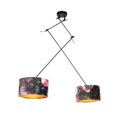 QAZQA Hanglamp zwart met velours kappen bloemen met goud 35 cm 2-lichts - Blitz
