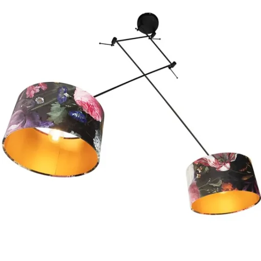 QAZQA Hanglamp zwart met velours kappen bloemen met goud 35 cm 2-lichts - Blitz