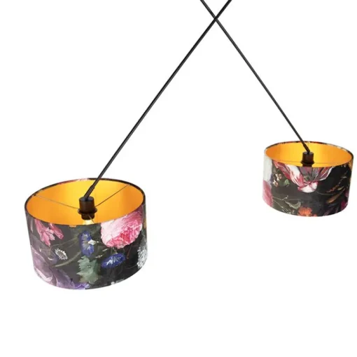 QAZQA Hanglamp zwart met velours kappen bloemen met goud 35 cm 2-lichts - Blitz
