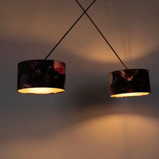 QAZQA Hanglamp zwart met velours kappen bloemen met goud 35 cm 2-lichts - Blitz