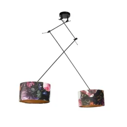 QAZQA Hanglamp zwart met velours kappen bloemen met goud 35 cm 2-lichts - Blitz