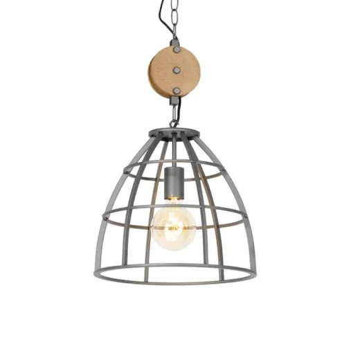 QAZQA Industriële hanglamp donkergrijs met hout 34 cm - Arthur