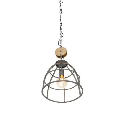 QAZQA Industriële hanglamp donkergrijs met hout 34 cm - Arthur