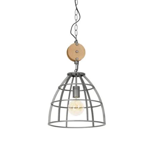 QAZQA Industriële hanglamp donkergrijs met hout 34 cm - Arthur