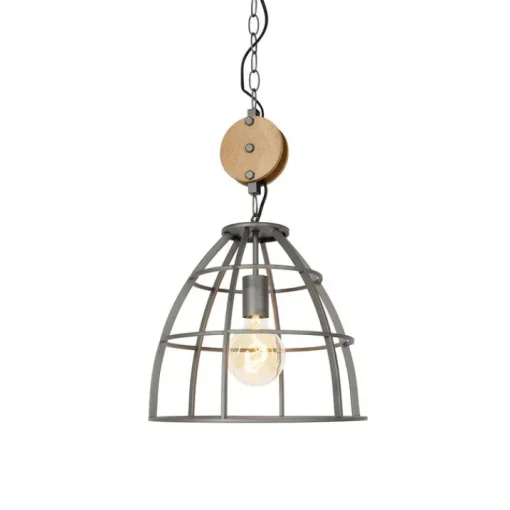 QAZQA Industriële hanglamp donkergrijs met hout 34 cm - Arthur