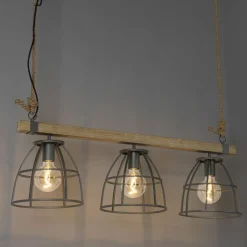 QAZQA Industriële hanglamp hout met donkergrijs 3-lichts - Arthur