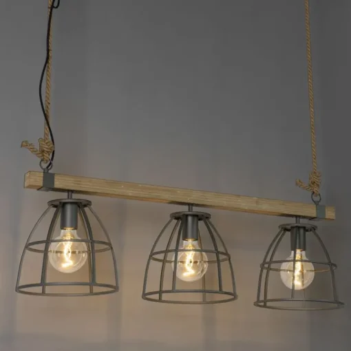 QAZQA Industriële hanglamp hout met donkergrijs 3-lichts - Arthur
