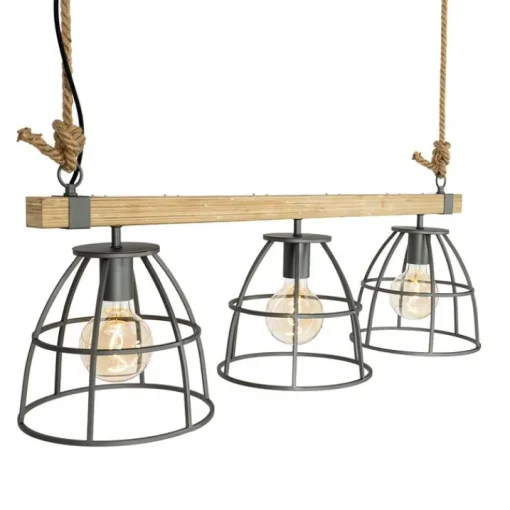 QAZQA Industriële hanglamp hout met donkergrijs 3-lichts - Arthur