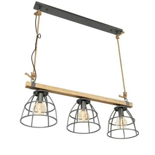 QAZQA Industriële hanglamp hout met donkergrijs 3-lichts - Arthur