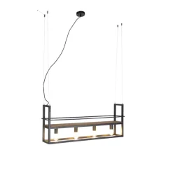 QAZQA Industriële hanglamp zwart met hout en rek 4-lichts - Cage Rack