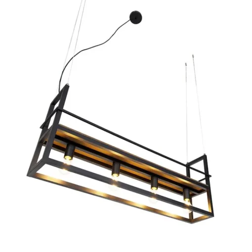 QAZQA Industriële hanglamp zwart met hout en rek 4-lichts - Cage Rack