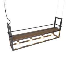 QAZQA Industriële hanglamp zwart met hout en rek 4-lichts - Cage Rack