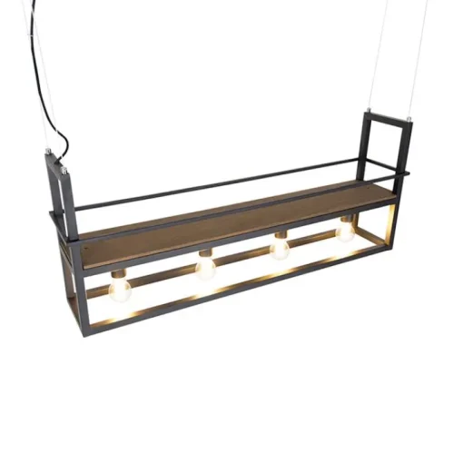 QAZQA Industriële hanglamp zwart met hout en rek 4-lichts - Cage Rack