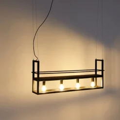 QAZQA Industriële hanglamp zwart met hout en rek 4-lichts - Cage Rack