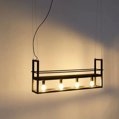 QAZQA Industriële hanglamp zwart met hout en rek 4-lichts - Cage Rack