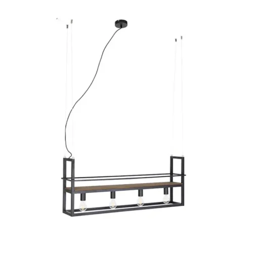 QAZQA Industriële hanglamp zwart met hout en rek 4-lichts - Cage Rack