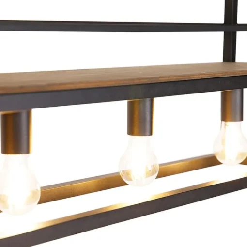QAZQA Industriële hanglamp zwart met hout en rek 4-lichts - Cage Rack