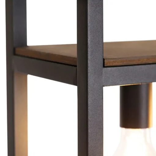 QAZQA Industriële hanglamp zwart met hout en rek 4-lichts - Cage Rack