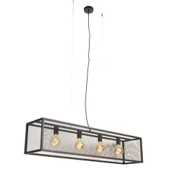QAZQA Industriële hanglamp zwart 118 cm met gaas 4-lichts - Cage