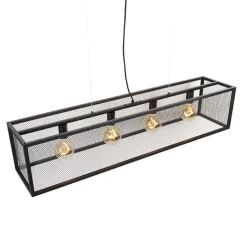 QAZQA Industriële hanglamp zwart 118 cm met gaas 4-lichts - Cage