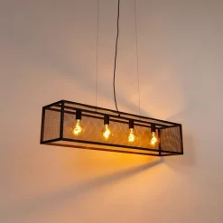 QAZQA Industriële hanglamp zwart 118 cm met gaas 4-lichts - Cage