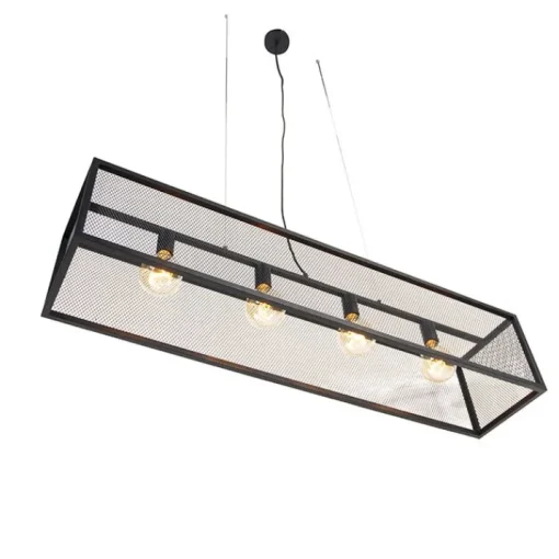 QAZQA Industriële hanglamp zwart 118 cm met gaas 4-lichts - Cage